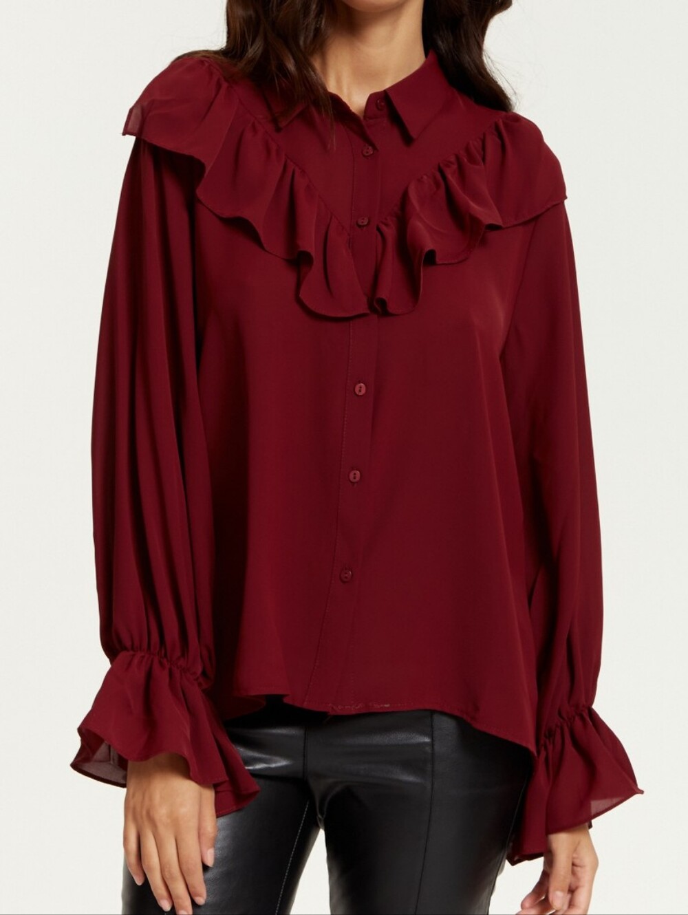 Forever 21 Burgundy Ruffle-Trim Button Down Blouse